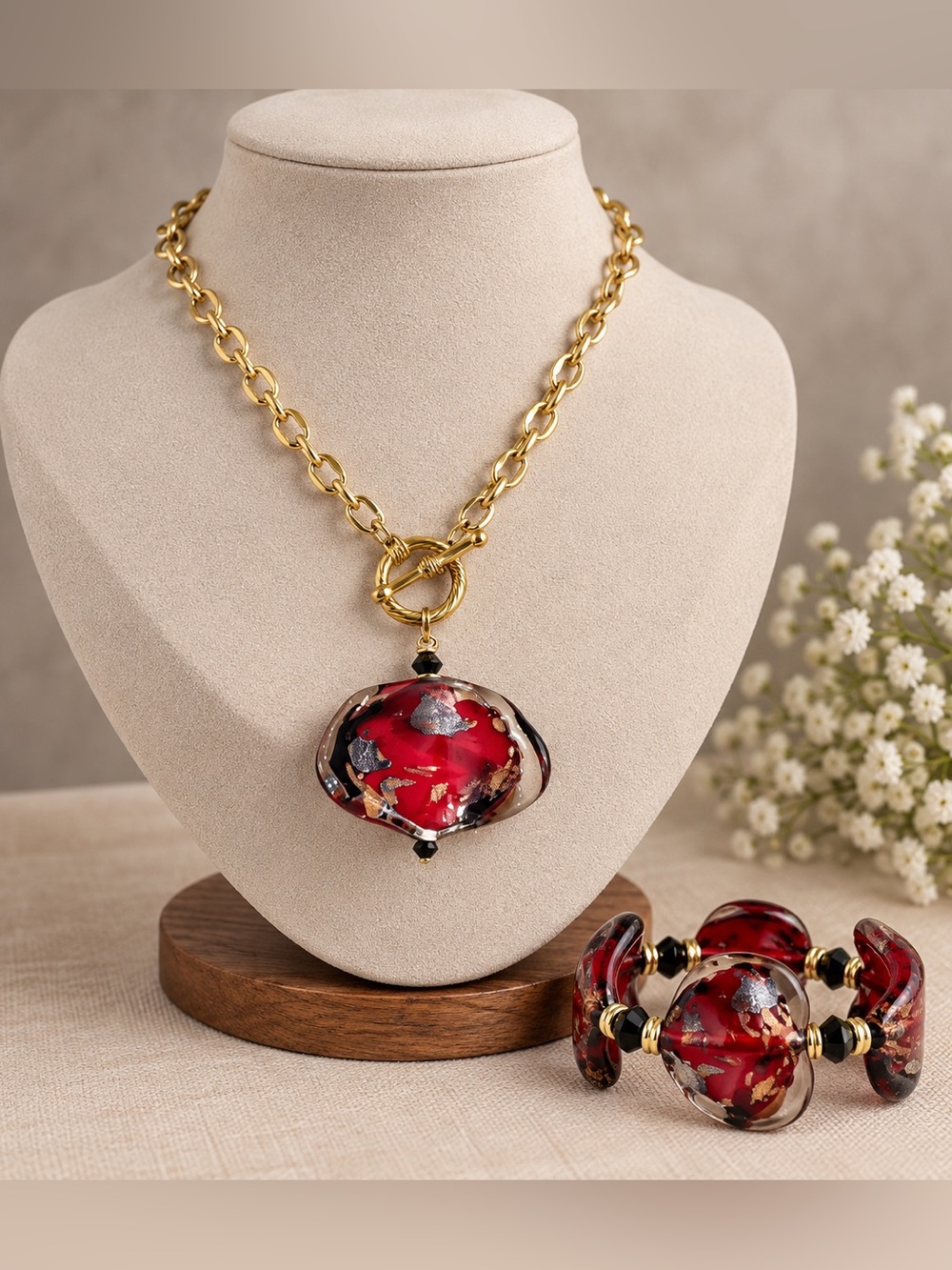 Vibrant Ruby Red & Gold Foil Art Glass Necklace & Bracelet Set – Murano Style